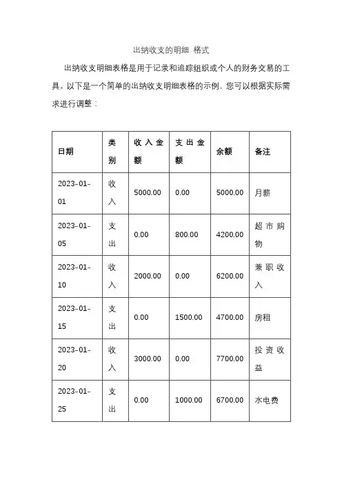 出纳收支的明细 格式