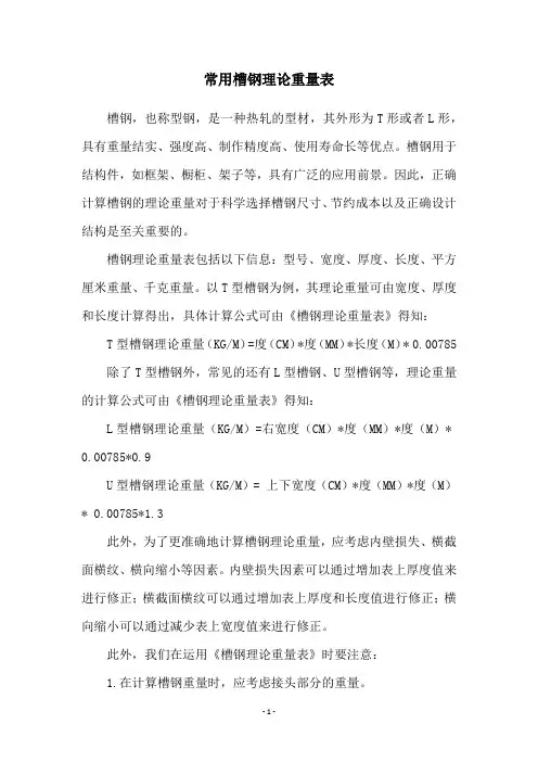 常用槽钢理论重量表