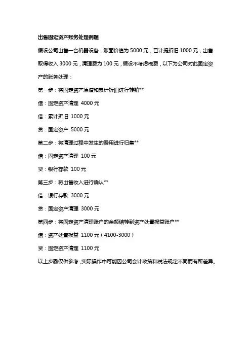 出售固定资产账务处理例题