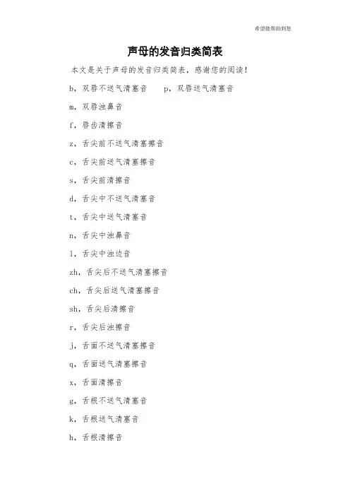 声母的发音归类简表