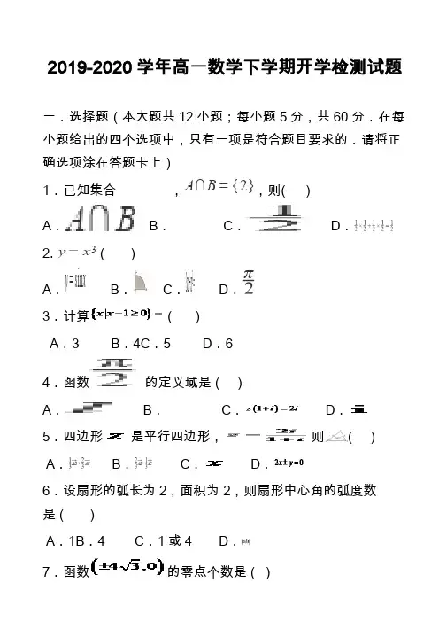 2019-2020学年高一数学下学期开学检测试题