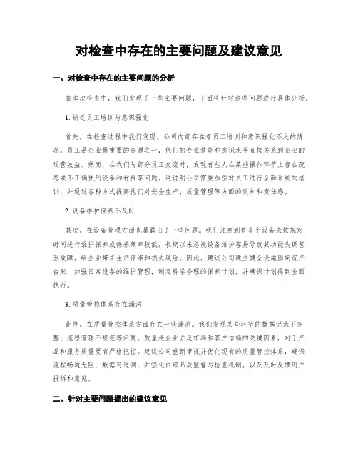 对检查中存在的主要问题及建议意见