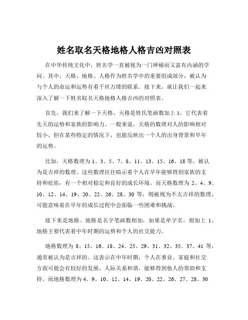 姓名取名天格地格人格吉凶对照表