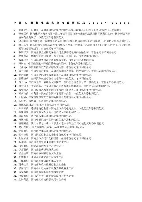 中国A股行业龙头上市公司汇总