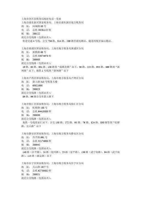 上海市各区县税务局地址电话一览表