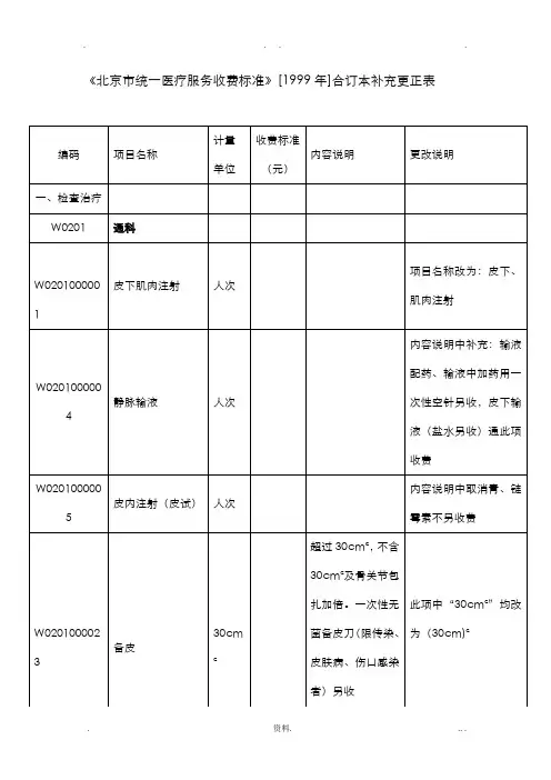北京市统一医疗服务收费标准