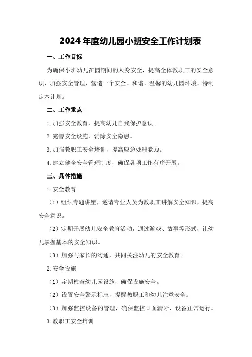 2024年度幼儿园小班安全工作计划表