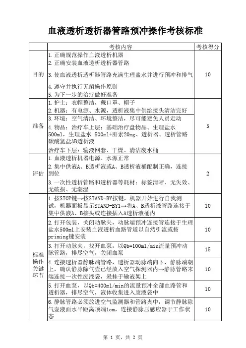 二、血液透析透析器管路预冲操作考核标准