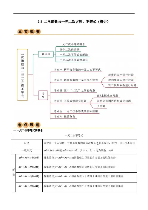 人教版高中数学精讲精练必修一2.3 二次函数与一元二次方程、不等式(精讲)(解析版)