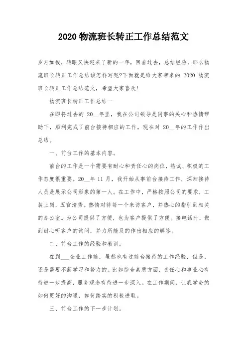 2020物流班长转正工作总结范文