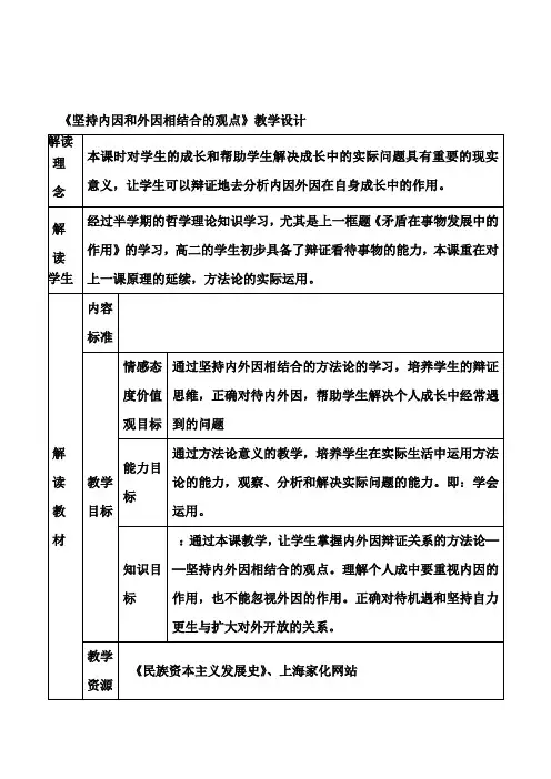 高中政治优质课比赛：《坚持内因外因相结合的观点》教学设计2