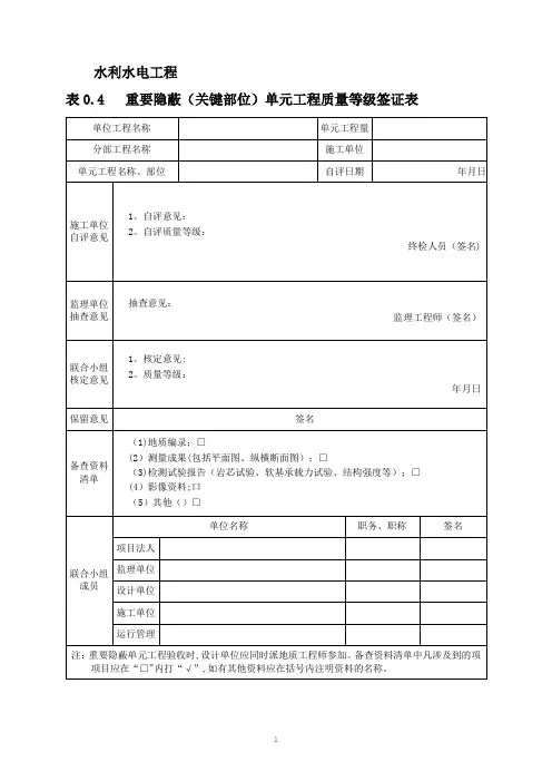 重要隐蔽(关键部位)单元工程质量等级签证表