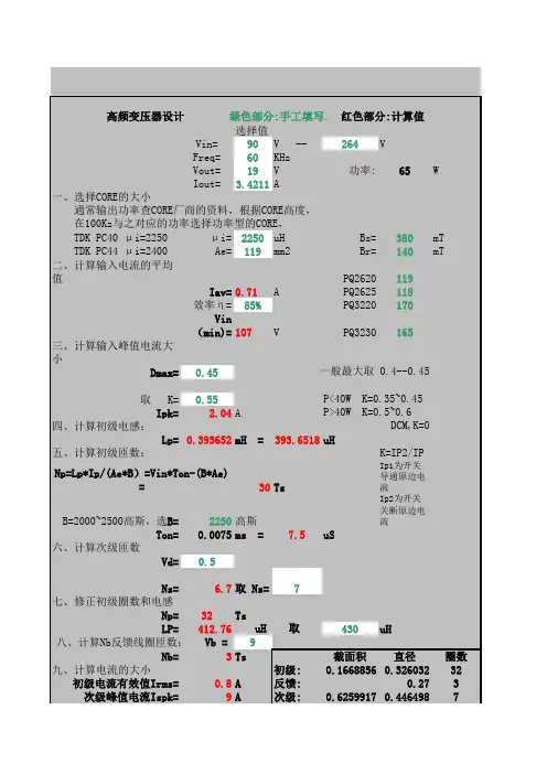 19V-3.42A开关电源高频变压器设计-60K-PQ2620
