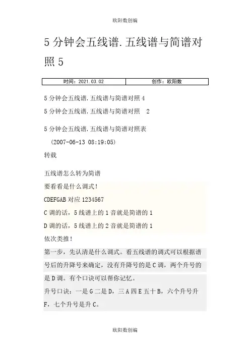 五线谱简谱对照表-简谱与五线谱图表对比之欧阳数创编