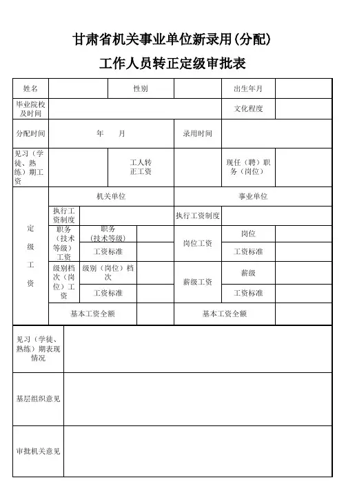 甘肃省机关事业单位新录用(分配)工作人员转正定级审批表