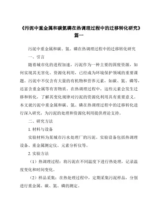 《2024年污泥中重金属和碳氮磷在热调理过程中的迁移转化研究》范文