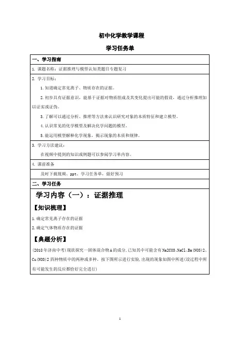 初三化学  证据推理与模型认知类题目专题复习
