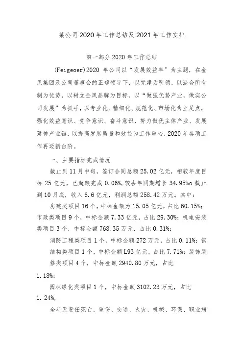 某公司2020年工作总结及2021年工作安排