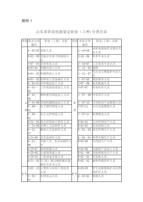 山东职业技能鉴定职业工种分类