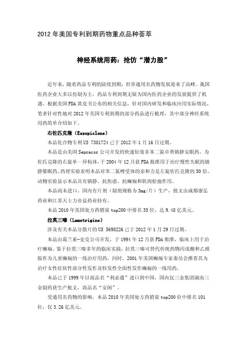 2012年美国专利到期药物重点品种荟萃