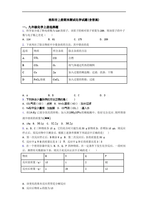 洛阳市初三化学上册期末测试化学试题(含答案)