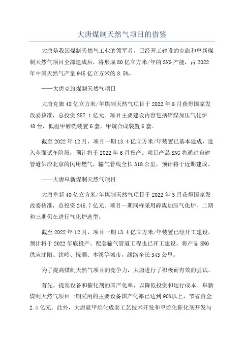 大唐煤制天然气项目的借鉴