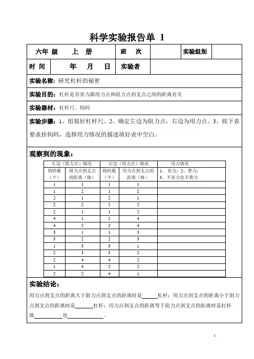 小学科学六年级上册实验报告单
