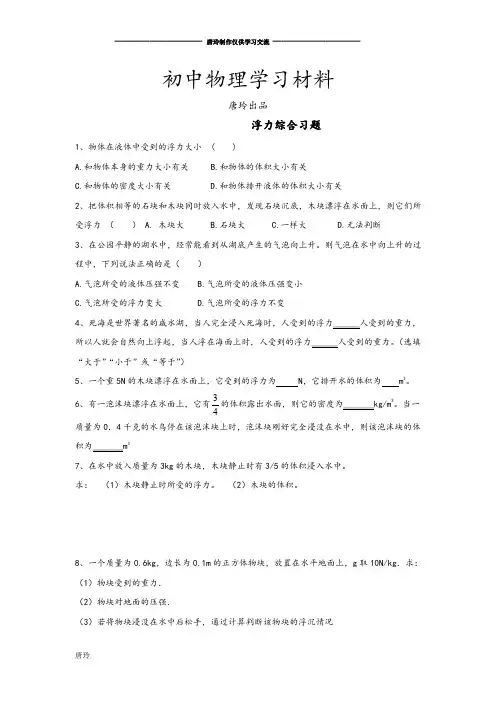 人教版八年级物理下册   浮力综合习题    .docx