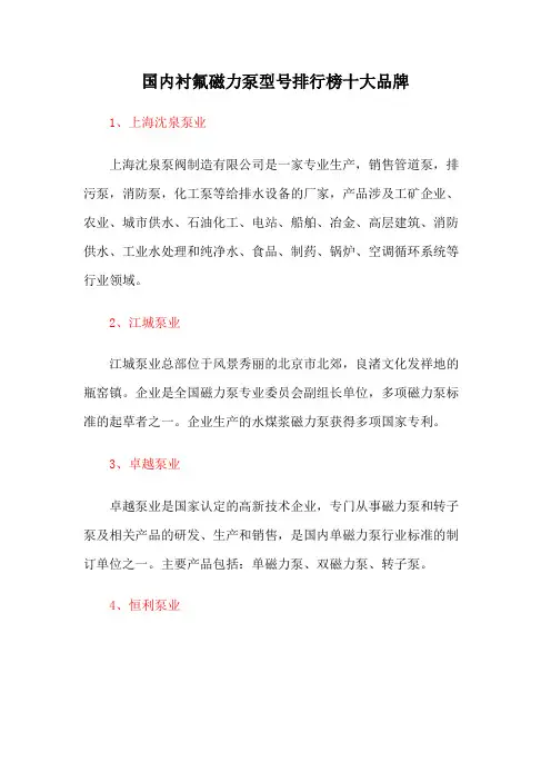 国内衬氟磁力泵型号排行榜十大品牌