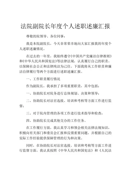 法院副院长年度个人述职述廉汇报