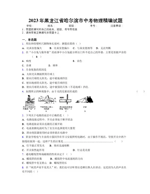 2023年黑龙江省哈尔滨市中考物理精编试题附解析