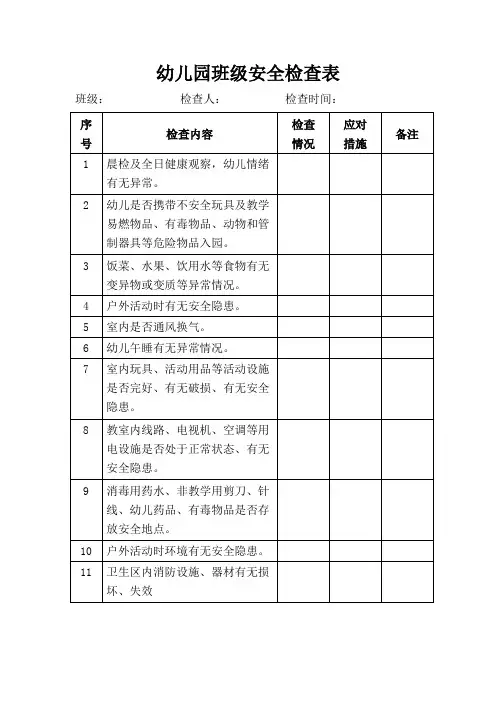 幼儿园班级安全检查表