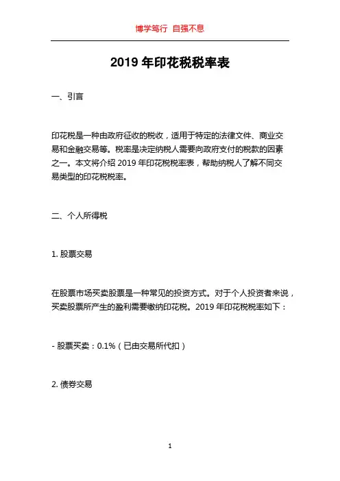 2019年印花税税率表