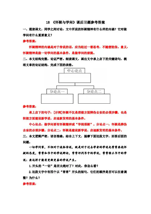 18 《怀疑与学问》课后习题参考答案