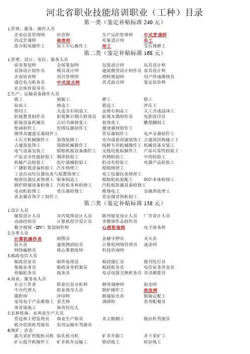 河北省职业技能培训职业(工种)目录