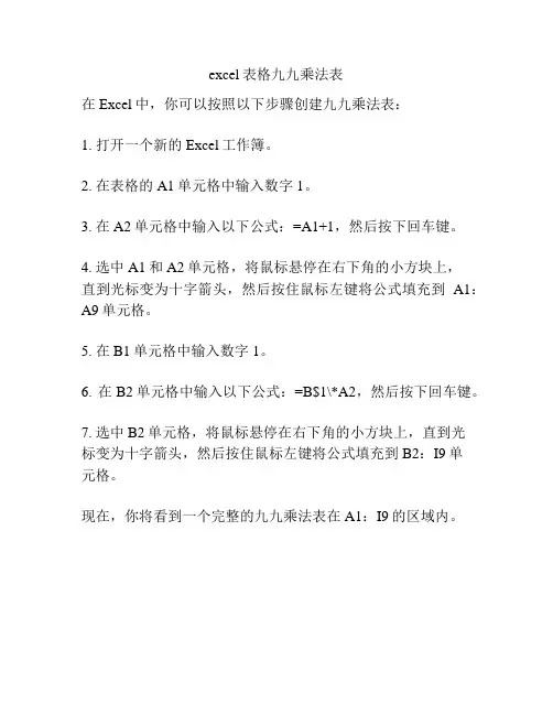 excel表格九九乘法表