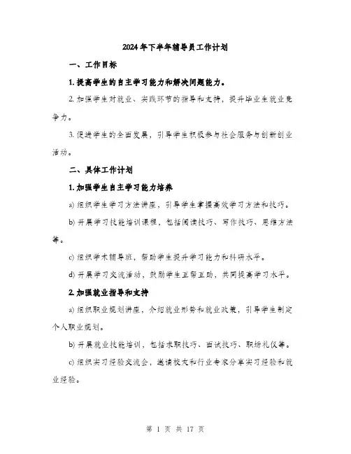 2024年下半年辅导员工作计划(5篇)