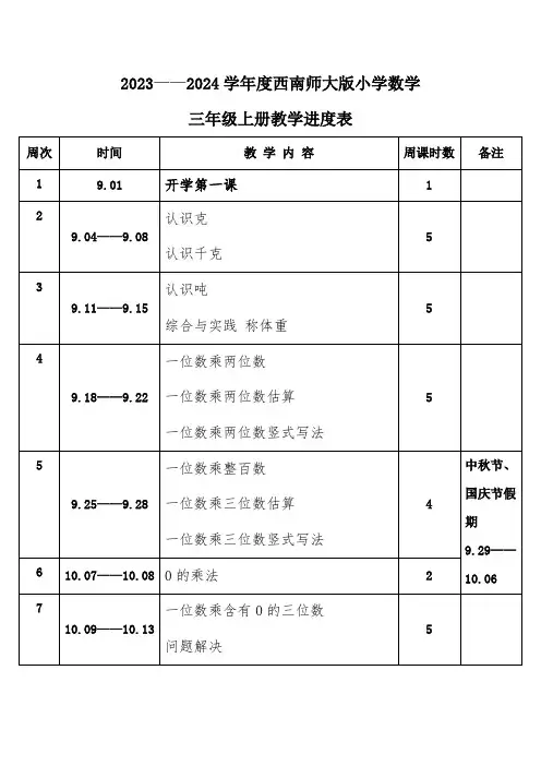 2023年秋学期西南师大版小学数学三年级上册教学进度表