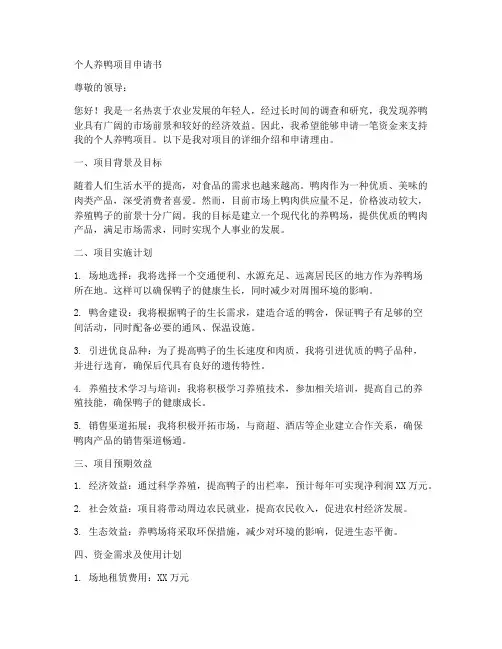 个人养鸭项目申请书的范文