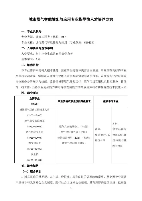 城市燃气智能输配与应用专业指导性人才培养方案
