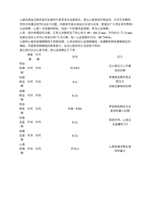 心脏泵血过程的归纳总结