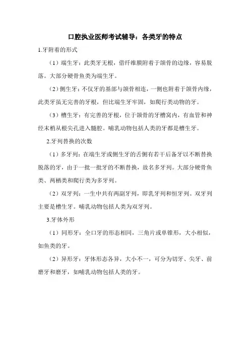 口腔执业医师考试辅导：各类牙的特点