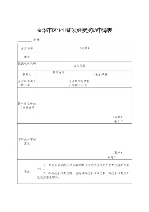 金华市区企业研发经费资助申请表