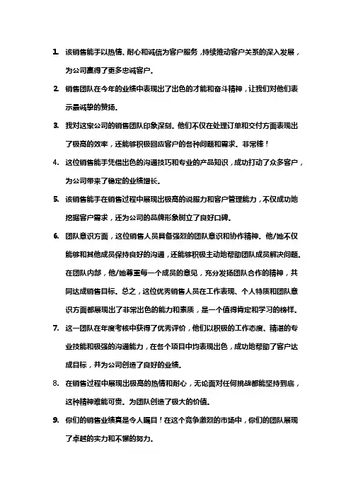 销售团队优秀评语