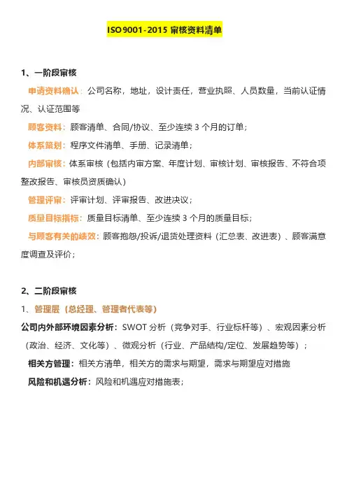 ISO9001-2015审核资料清单