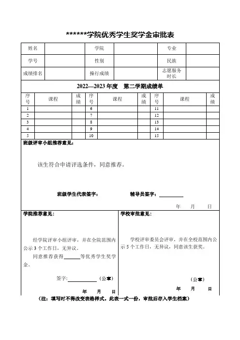 优秀学生奖学金审批表