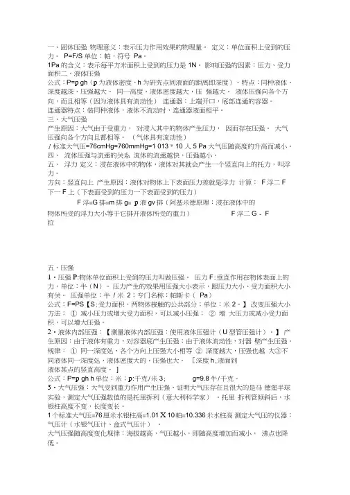 (word完整版)初中八年级物理压强和浮力知识点及练习题,推荐文档