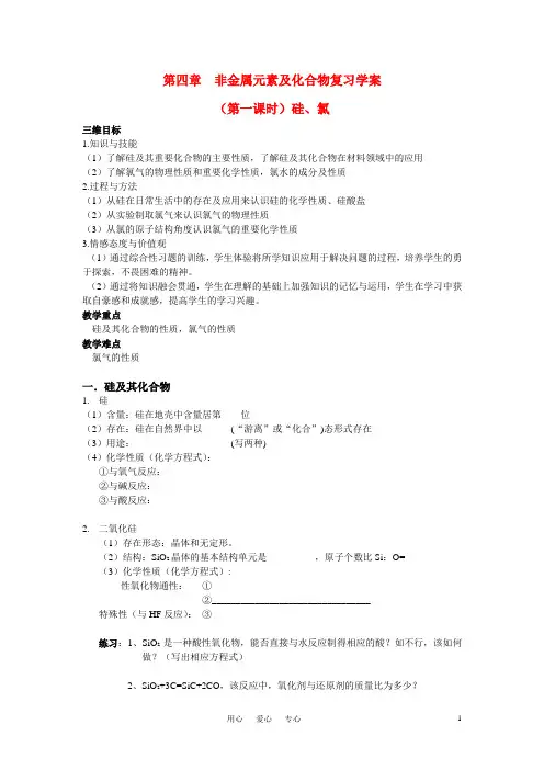 高中化学 第四章 非金属元素及化合物复习学案 新人教版必修1