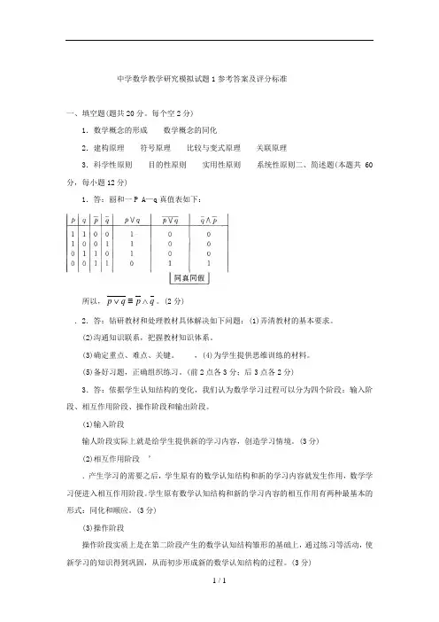 中学数学教学研究模拟试题1参考答案及评分标准