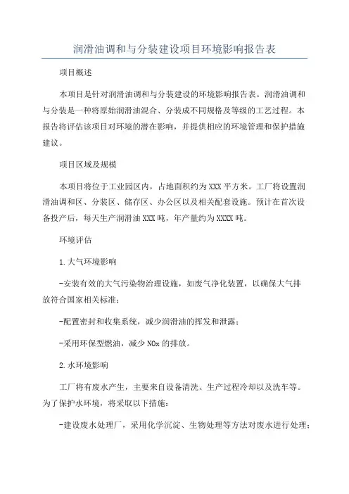 润滑油调和与分装建设项目环境影响报告表